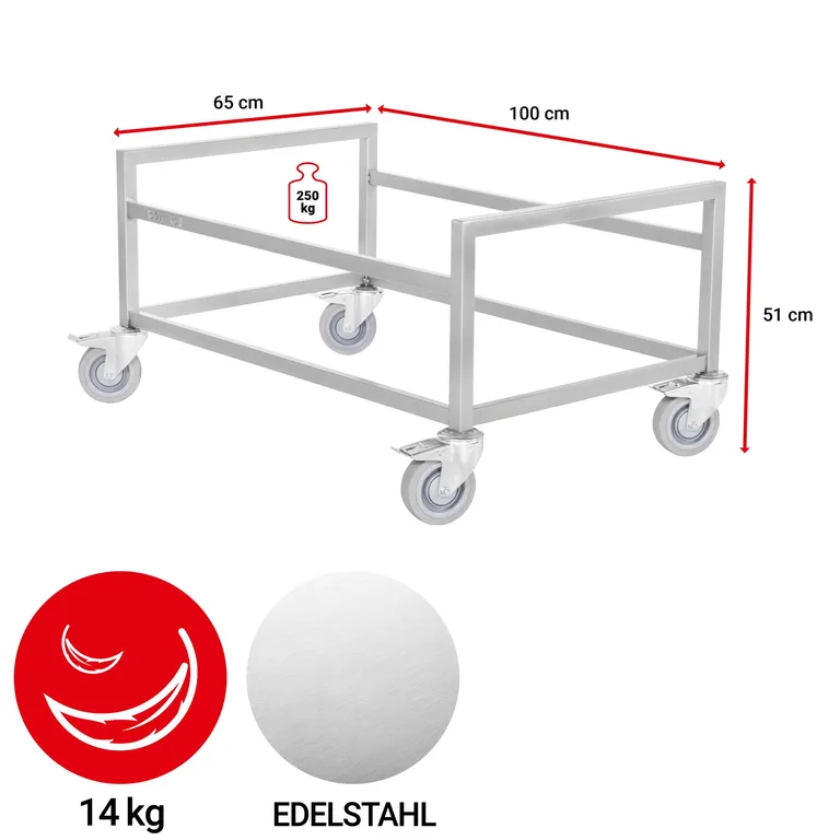 KISTEVOGN, RUSTFRITT STÅL, 4 HJUL - M/BREMS
