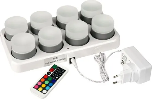 LED LYS MINI LAMPS DUNI SETT MED 8 STK. M/LADEPLATE OG FJERNKONTROLL